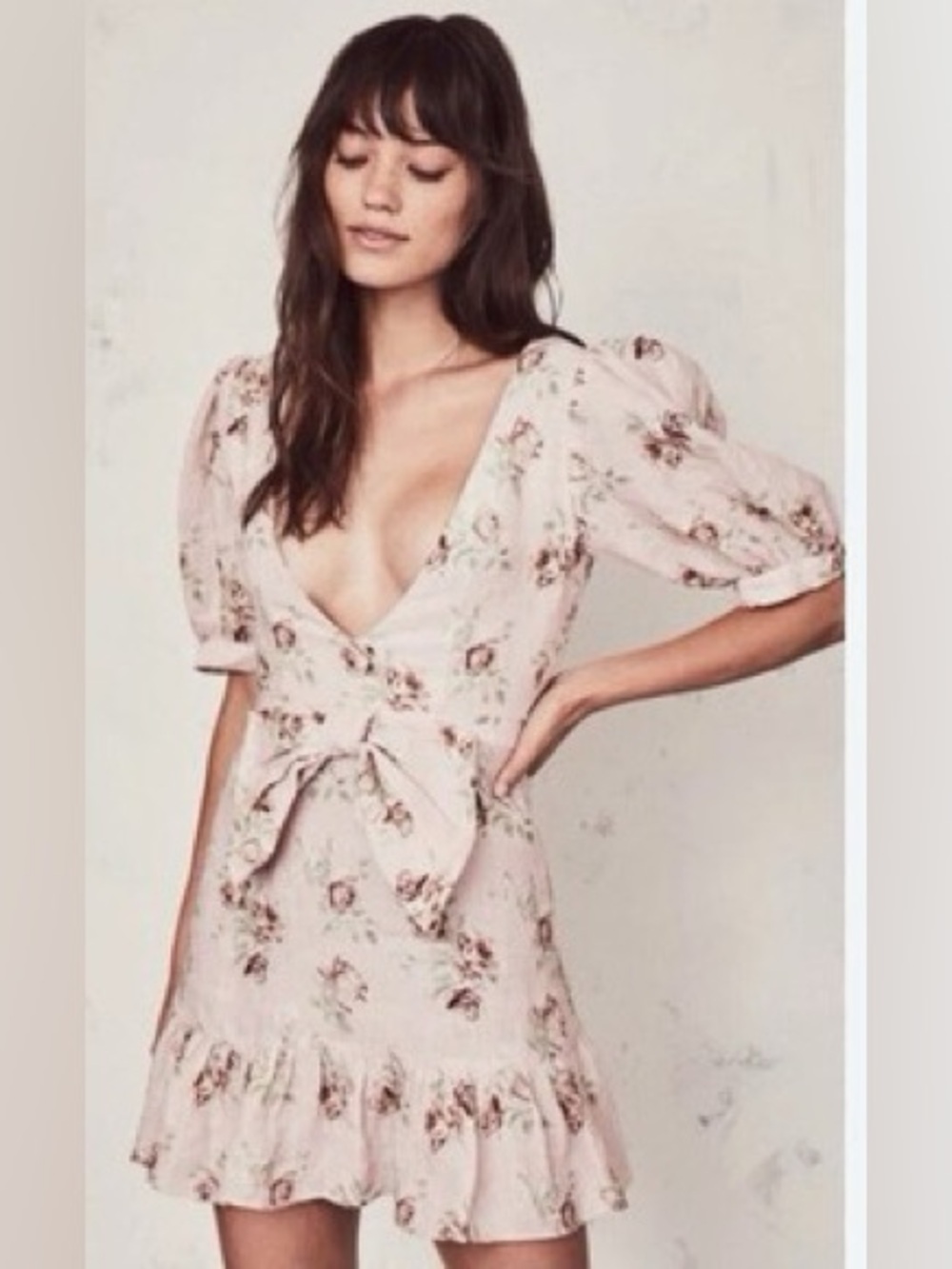 LoveShackFancy Lena Pink Floral Linen Bow Front Mini Dress Small Romantic Summer